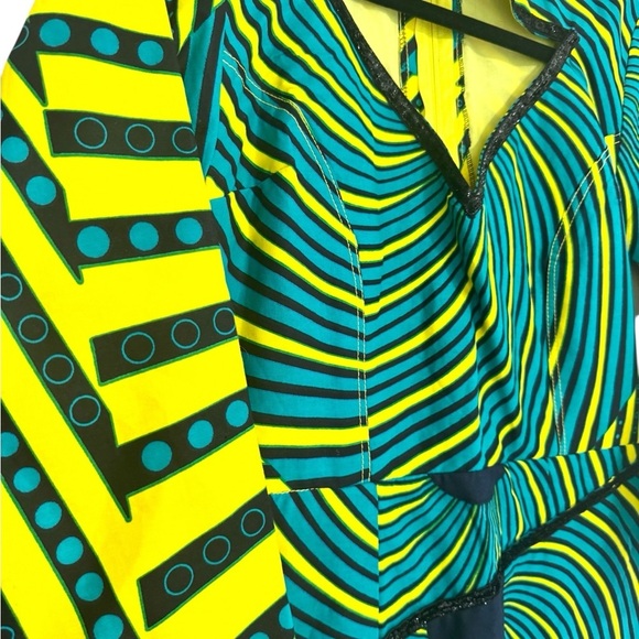Asymmetrical African Print Yellow & Blue Long Sleeve Dress with Front Cutout - Picture 3 of 9